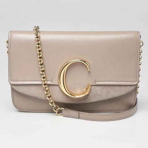 Chloe Motty Grey Calfskin Leather and Suede C Chain Clutch Bag - Picture 1 of 11